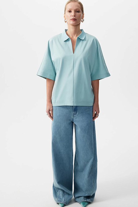Поло с коротким рукавом-кимоно оверсайз с V-образной горловиной 